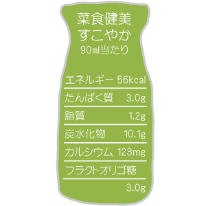 90ml当たりの成分表　カロリー56kcal、たんぱく質3.0g、脂質1.2g、炭水化物10.1g、カルシウム123mg、フラクトオリゴ糖3.0g